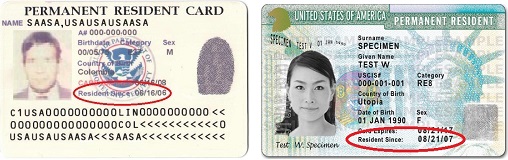 Green card examples with "Resident Since" circled for the purpose of determining continuous residence for us citizenship