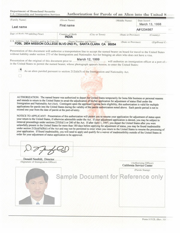 Example advance parole travel document