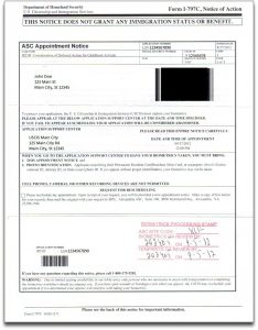 biometrics appointment notice (Form I-797)