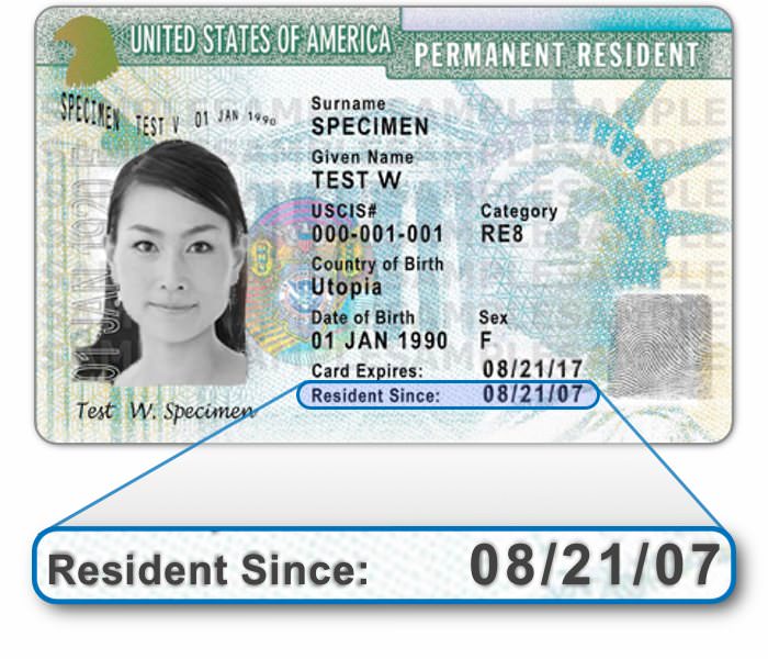Green card with the "Resident Since" date magnified to determine the date of admission