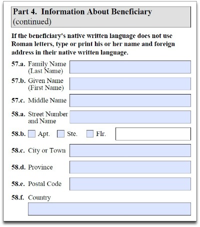 Beneficiary's native written language on Form I-130, Part 4