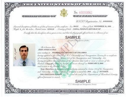 Certificate of Citizenship sample