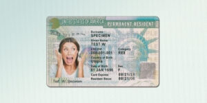 Expired green card with a woman over-reacting in her headshot photo
