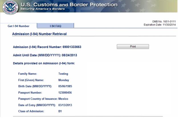 Screenshot of electronic I-94 record