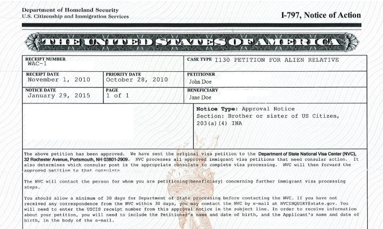 I-130 Approval Notice for consular processing