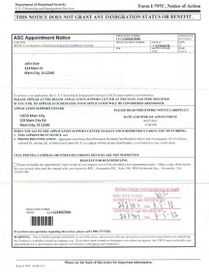 Biometrics Appointment Notice Sample (Form I-797 Notice of Action)