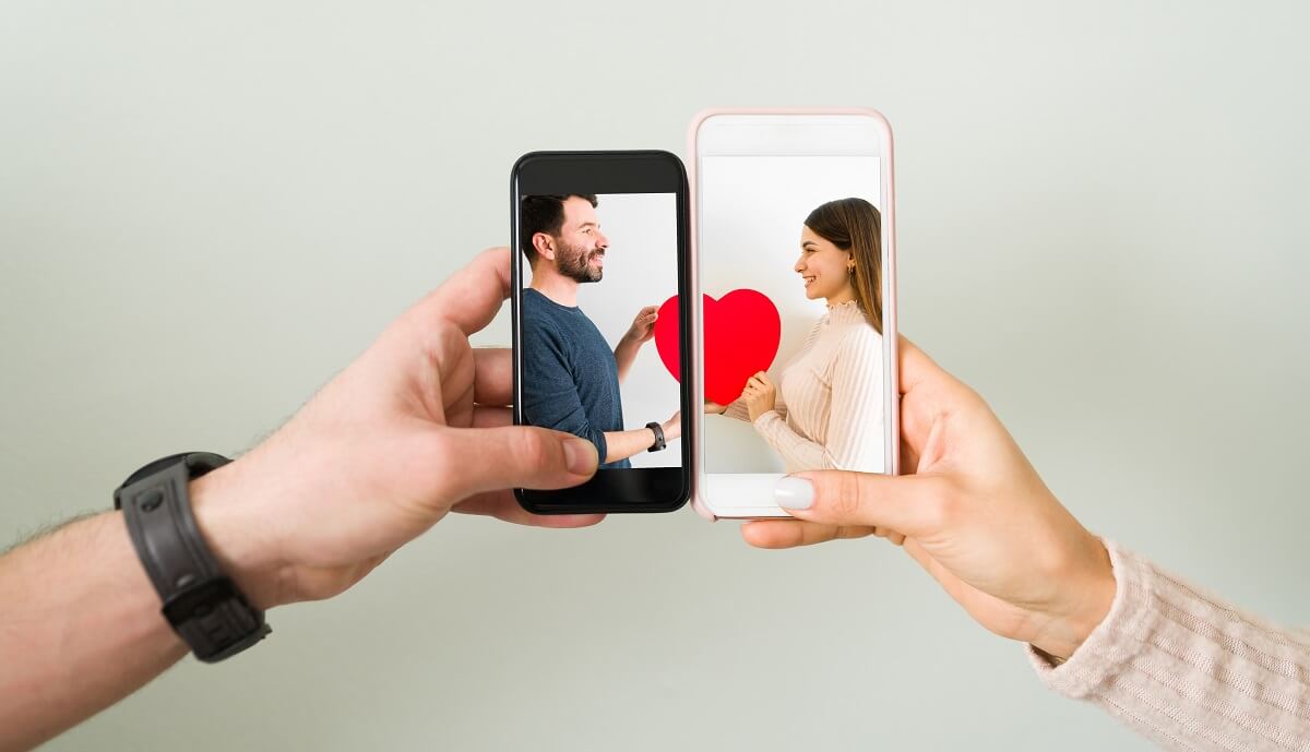 Long-distance relationship represented by phones with couple interacting