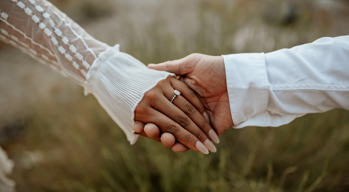 Fiancés hold hands and consider K-1 interview questions