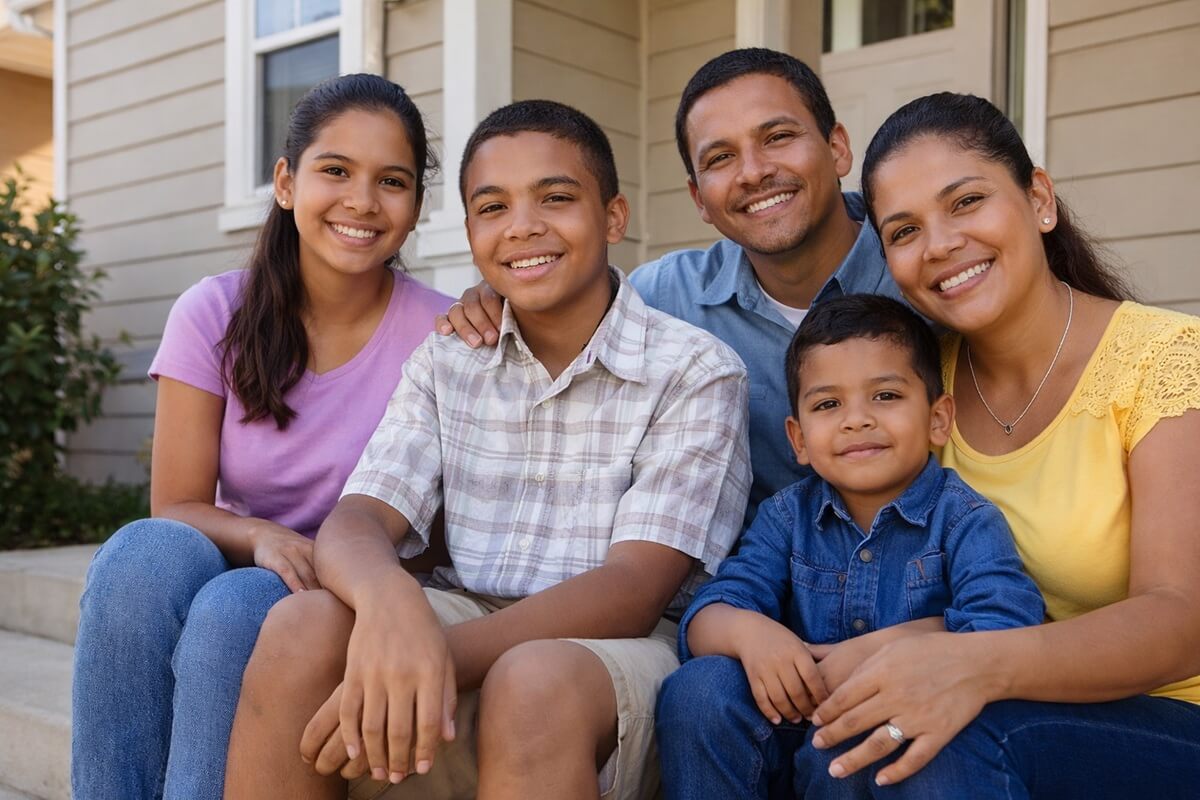 Family sits on steps of family home after receiving asylee green cards