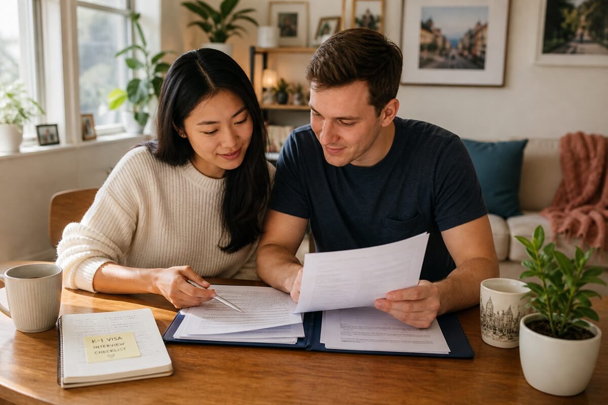 Couple sits at table with quiet confidence as they prepare for the K-1 visa interview