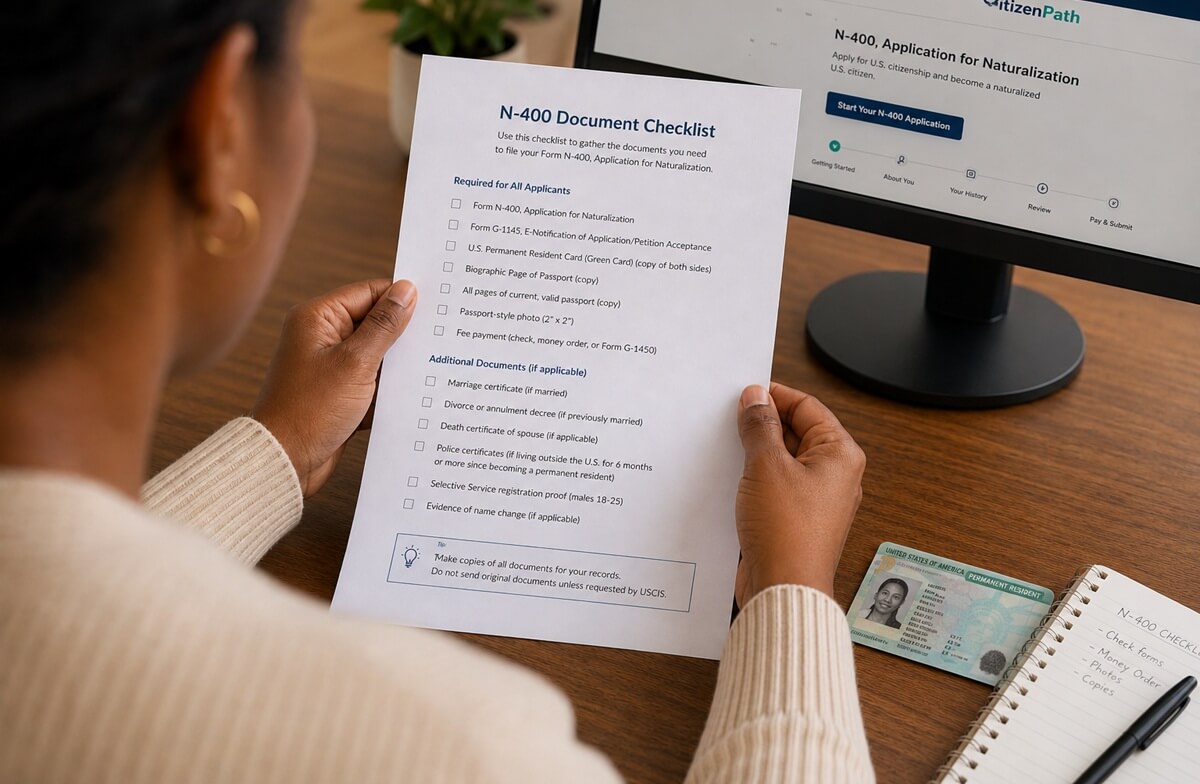 Person reviewing a printed N-400 document checklist while preparing a naturalization application