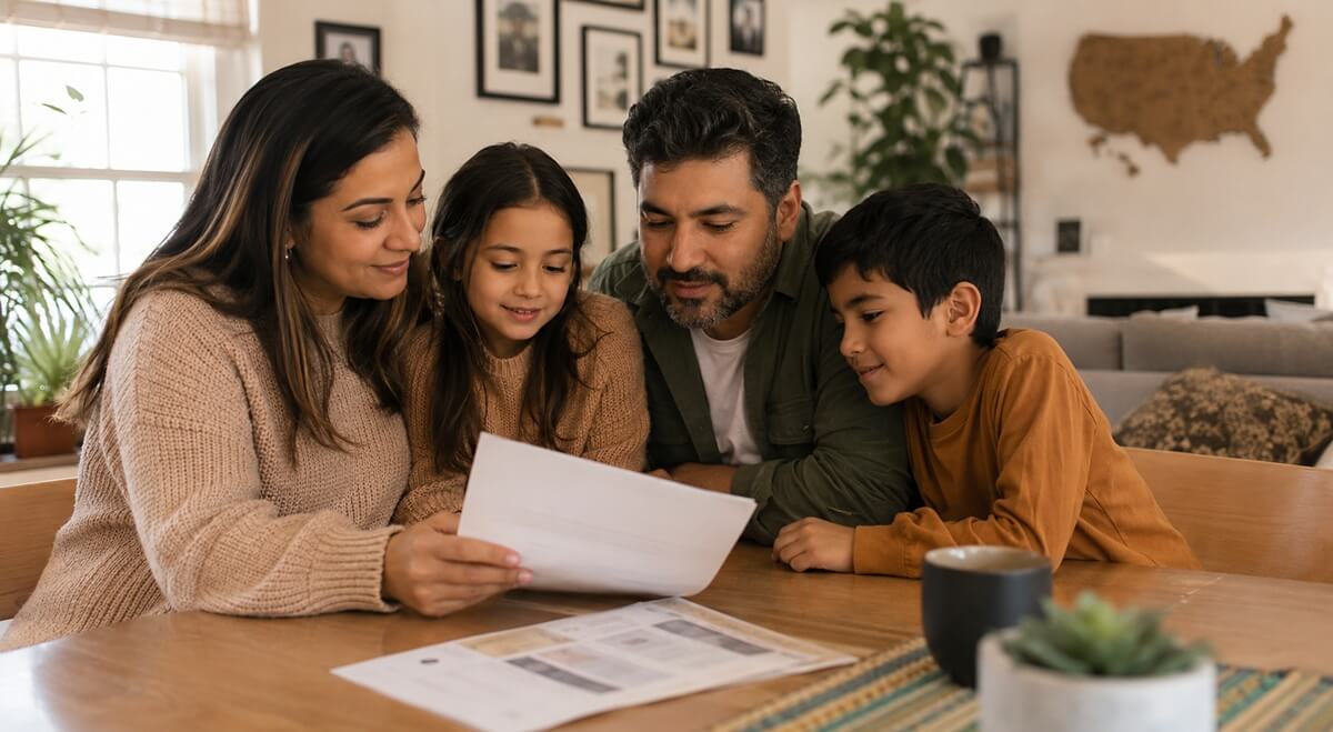A family reviews documents together at home, preparing their green card application