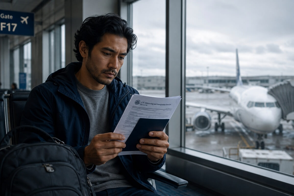 Permanent resident reviewing SB-1 visa for returning residents at an airport gate before returning to the United States