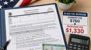 Naturalization application documents, green card, and calculator with rising N-400 filing fee shown in a clean desk layout.