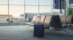 Quiet airport departure gate with a single suitcase, representing new travel considerations for immigrants