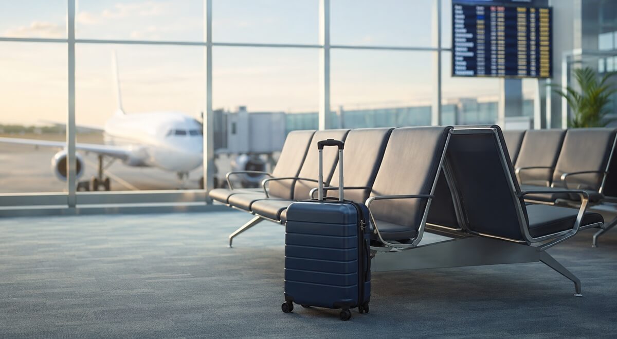 Quiet airport departure gate with a single suitcase, representing new travel considerations for immigrants