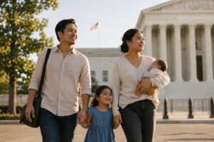Immigrant family with young child outside a courthouse after Supreme Court birthright citizenship decision