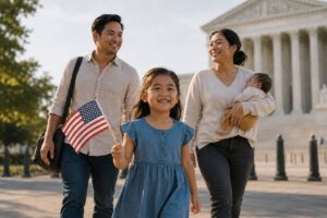 Immigrant family with young child outside a courthouse after Supreme Court birthright citizenship decision