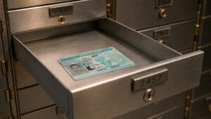 A green card resting inside an open bank safe deposit box.