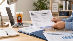 Person organizing green card application documents and financial paperwork at a tidy desk