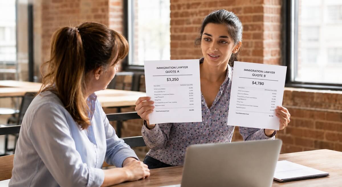 A woman compares two written quotes with her friend while researching immigration lawyer costs for her case.