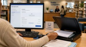 Hands scanning immigration documents at a public library computer station for online USCIS filing