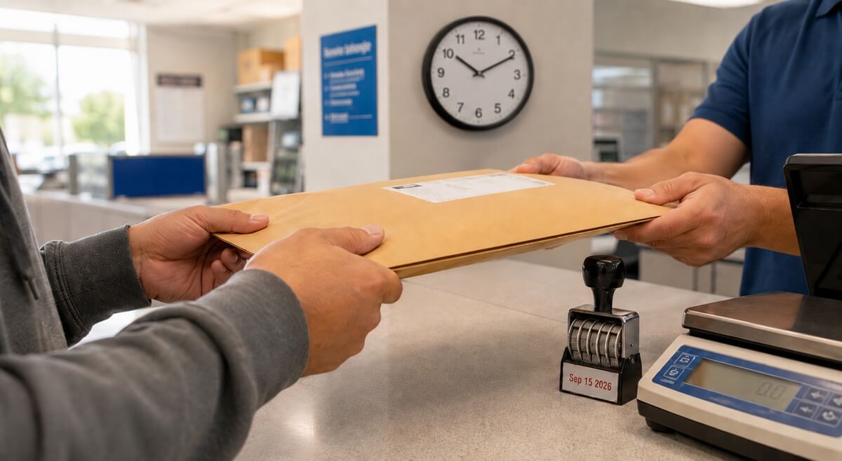 Hands mailing a large immigration application envelope at a post office counter before a filing deadline