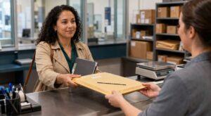 Person mailing a completed immigration application package at a postal counter