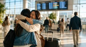 Adult siblings reuniting at an airport arrivals hall after a long family green card wait