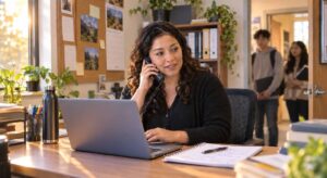 University international student adviser on the phone in a campus office while students wait outside the door
