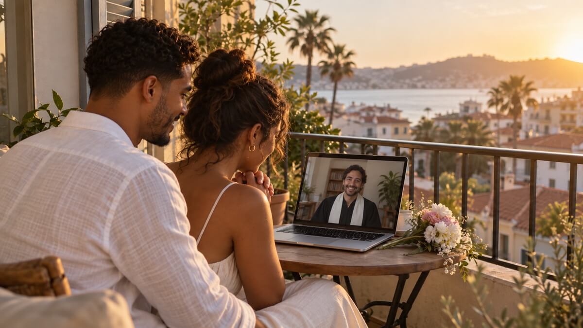 A couple sits together at a laptop to get married online with their officiant joining by video call.
