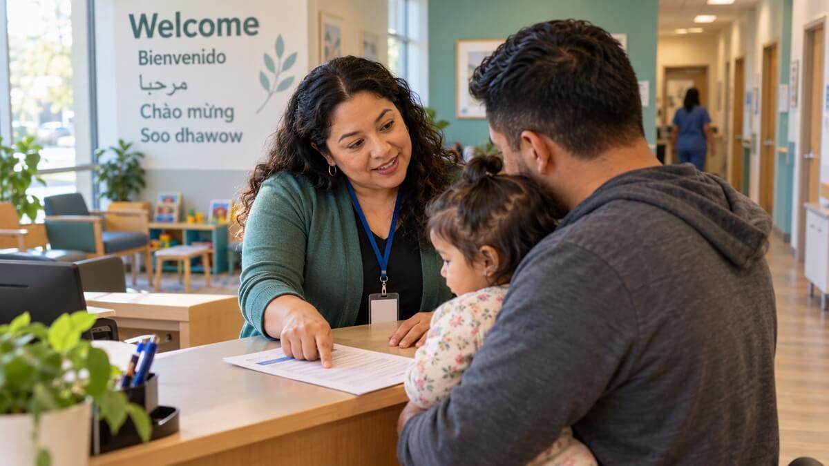 Enrollment navigator at a community health center helping a father holding a toddler understand a Medicaid coverage letter