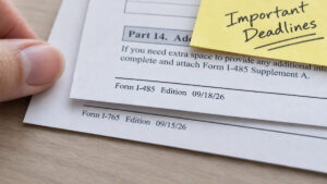 Close-up of edition dates printed in the corner of two USCIS immigration forms