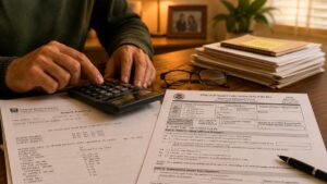 Sponsor using a calculator and tax returns while completing Form I-864, Affidavit of Support