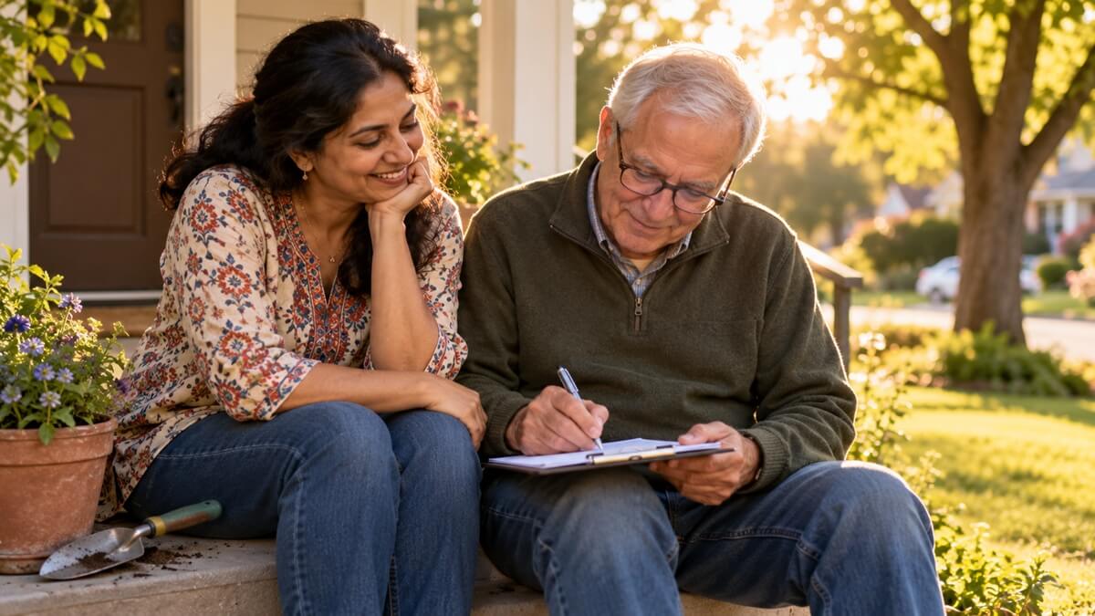 A neighbor signs a character reference letter for naturalization on his front porch while the applicant looks on.