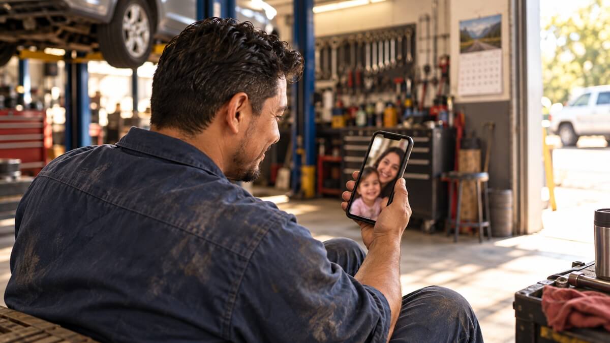 Green card holder on a video call with his wife and child abroad during a lunch break at an auto repair shop