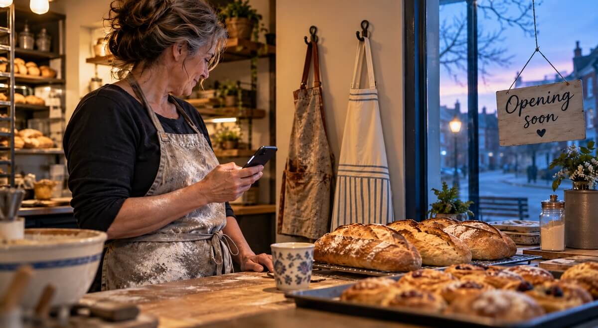 Baker in a family bakery at dawn checking her phone, with a second new apron waiting on the wall
